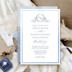Dusty Blue, Watercolor Elegant Monogram Bröllop Inbjudningar