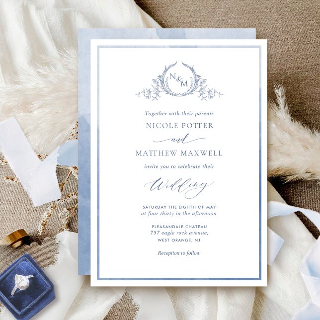 Dusty Blue, Watercolor Elegant Monogram Bröllop Inbjudningar (Skapare uppladdad)