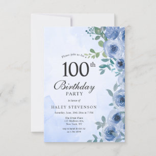 Dusty Blue Watercolor Floral Chic 100-årsdag Inbjudningar