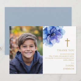 Dusty Blue Watercolor Flower Photo Confirmation Tack Kort