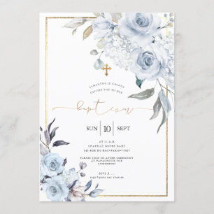 Dusty Blue Watercolor Flowers Baptism Inbjudningar