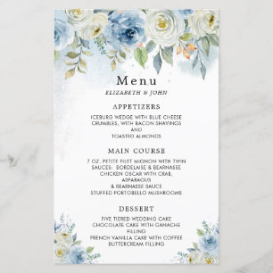 Dusty Blue Watercolor Flowers Bröllop Menu