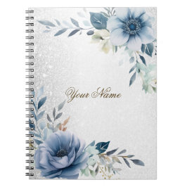 Dusty Blue Watercolor Flowers Silver Elegant Anteckningsbok