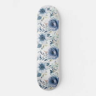 Dusty Blue Watercolor Flowers Silver Elegant Mini Skateboard Bräda 18,5 Cm