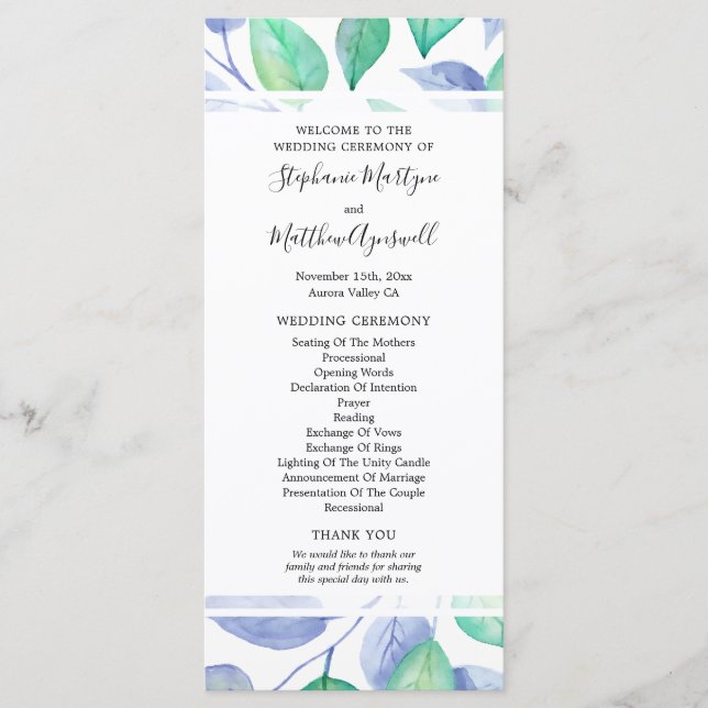 Dusty Blue Watercolor Foliage Bröllop Ceremony Program (Framsida)