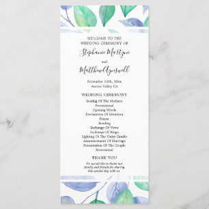 Dusty Blue Watercolor Foliage Bröllop Ceremony Program