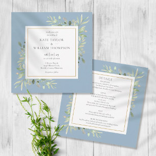 Dusty Blue Watercolor Greenery all in One Bröllop Inbjudningar