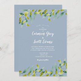 Dusty Blue Watercolor Greenery Eucalyptus Bröllop Inbjudningar