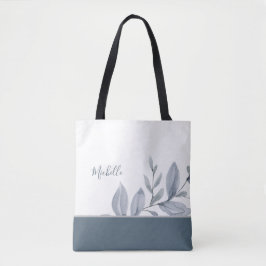 Dusty Blue Watercolor Greenery med Namn Tygkasse