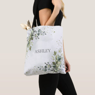 Dusty Blue Watercolor Greenery Namn Monogram Tygkasse