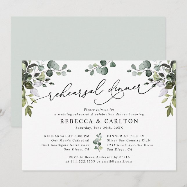 Dusty Blue Watercolor Greenery Rehearsal Dinner Inbjudningar (Fram/baksida)