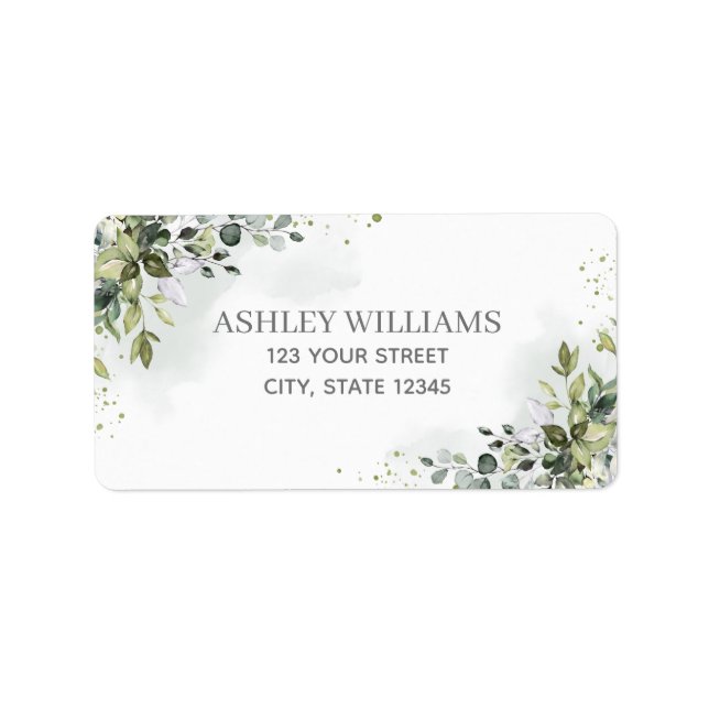 Dusty Blue Watercolor Greenery Returadress Adressetikett (Framsidan)