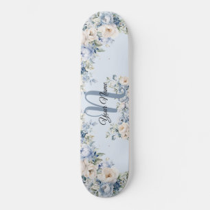 Dusty Blue Watercolor Ivory Flowers Löv Rustic Mini Skateboard Bräda 18,5 Cm