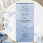 Dusty Blue Watercolor Monogrammed Bröllop Menu Meny<br><div class="desc">Önska dina gäster med denna vackra, dammiga blå och blå vattenfärgsmeny bröllop, med ett elegant handritat botaniskt monogram med parets initialer över en exquisit vattenfärg tvättar bakgrunden i en vacker blandning av dammiga blå och blå nyanser. Du kan enkelt fylla i mallen med information och meny och sedan beställa utskrifterna!...</div>