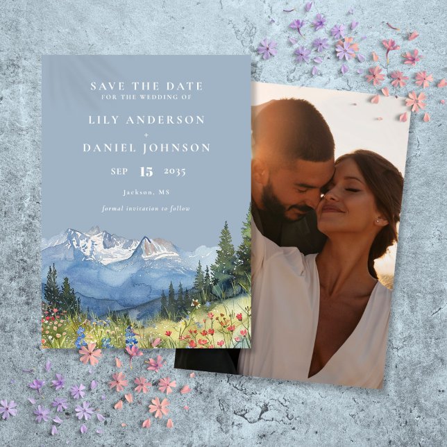 Dusty Blue Watercolor Mountain Photo Bröllop Spara Datumet (Dusty Blue Watercolor Mountain Photo Wedding Save The Date)
