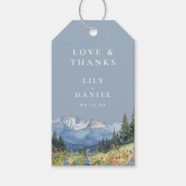 Dusty Blue Watercolor Mountain Wildblomma Bröllop Presentetikett