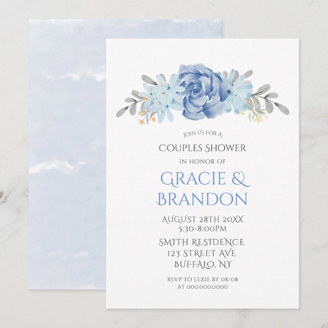 Dusty Blue Watercolor Peony Couple Shower Inbjudni (Fram/baksida)