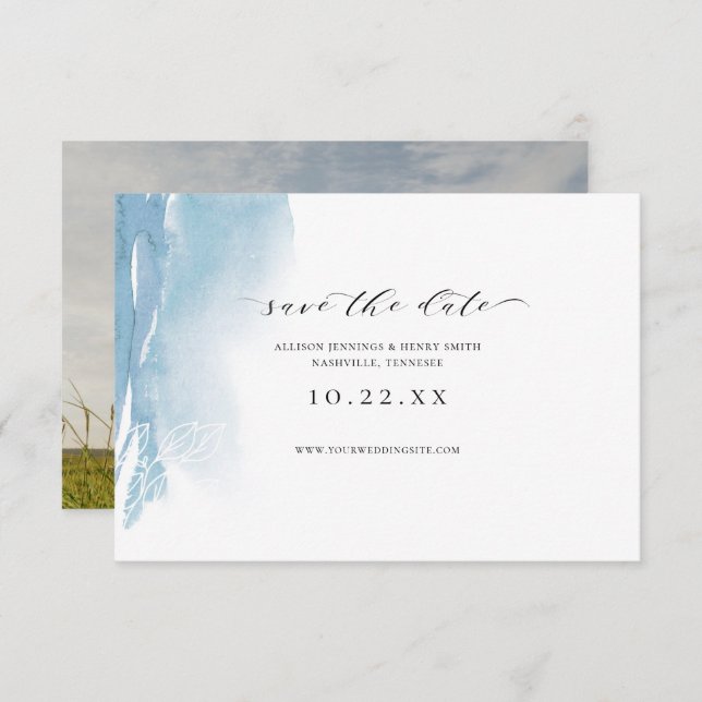 Dusty Blue Watercolor Photo Save Date (Fram/baksida)