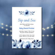 Dusty Blue Watercolor Sip och See Baby Shower