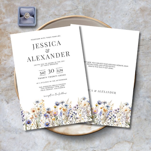 Dusty Blue Watercolor Wildblomma Elegant bröllop Inbjudningar (Dusty Blue Watercolor Wildflowers Elegant Wedding Invitation with Optional Text on Back for RSVP etc)