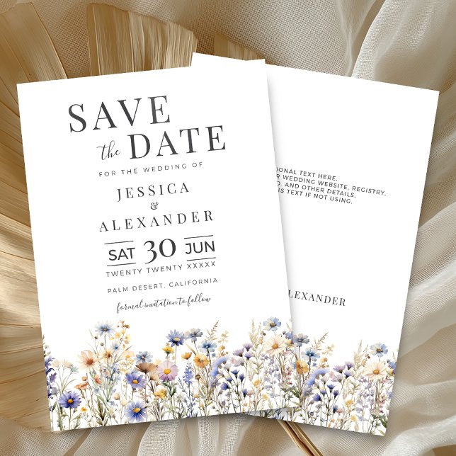 Dusty Blue Watercolor Wildblomma Elegant bröllop Spara Datumet (Dusty Blue Watercolor Wildflowers Elegant Wedding Save the Date with Optional Info on the Back.)