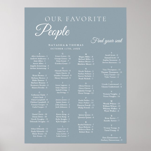 Dusty Blue Wedding Alphabetical Seating Chart Poster (Framsidan)