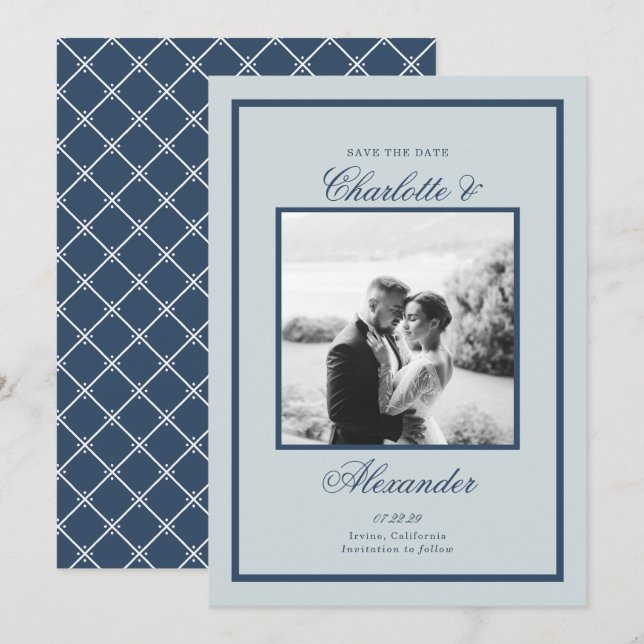 Dusty Blue Wedding Classic Script Save the Date Inbjudningar (Fram/baksida)