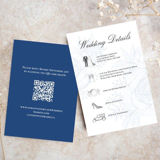 Dusty Blue Wedding Details QR Code Insert Tilläggskort (Elegant dusty blue floral wedding details card with script typography and timeline icons.)
