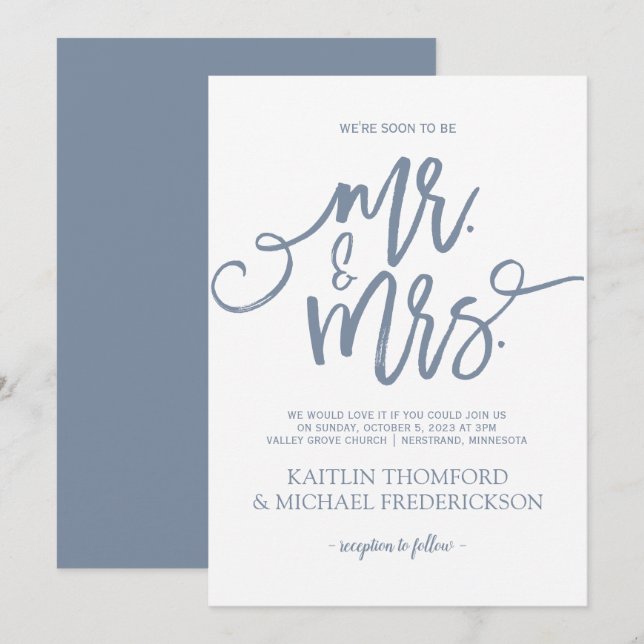 Dusty Blue Wedding-inbjudningar | Penselskript Inbjudningar (Fram/baksida)