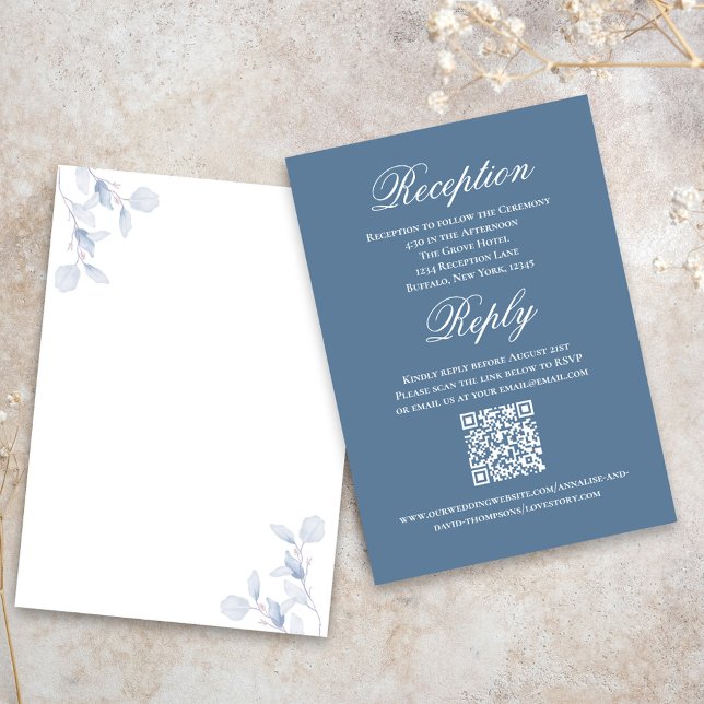 Dusty Blue Wedding Script RSVP Reception  Tilläggskort (Wedding reception and reply card with dusty blue floral design.)