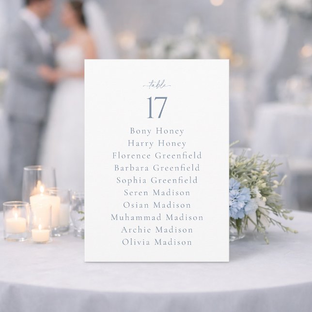 Dusty Blue Wedding Table Number with Guest List Inbjudningar (Skapare uppladdad)