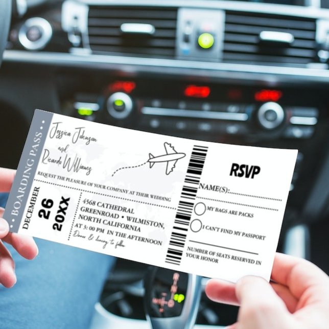 Dusty Blue Wedmedling Boarding pass biljett Inbjudningar (Skapare uppladdad)