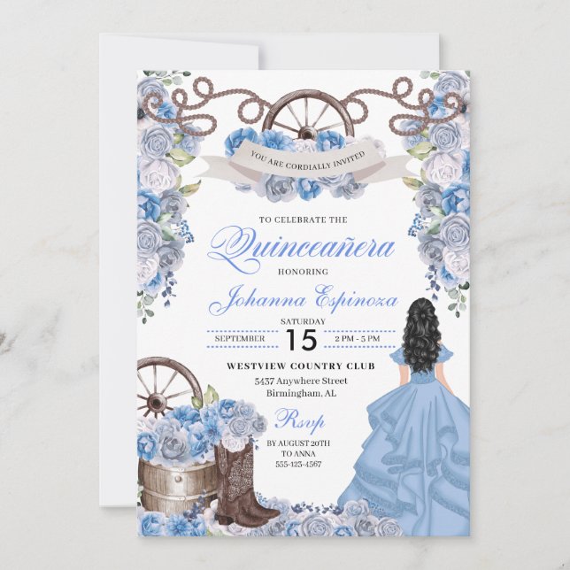 Dusty Blue Western Ranchero Quinceanera Inbjudningar (Framsida)