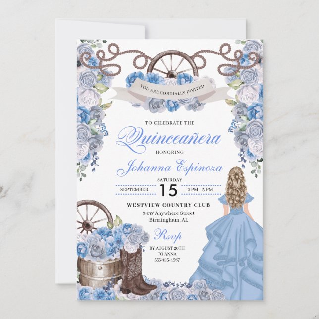 Dusty Blue Western Ranchero Quinceanera Inbjudningar (Framsida)