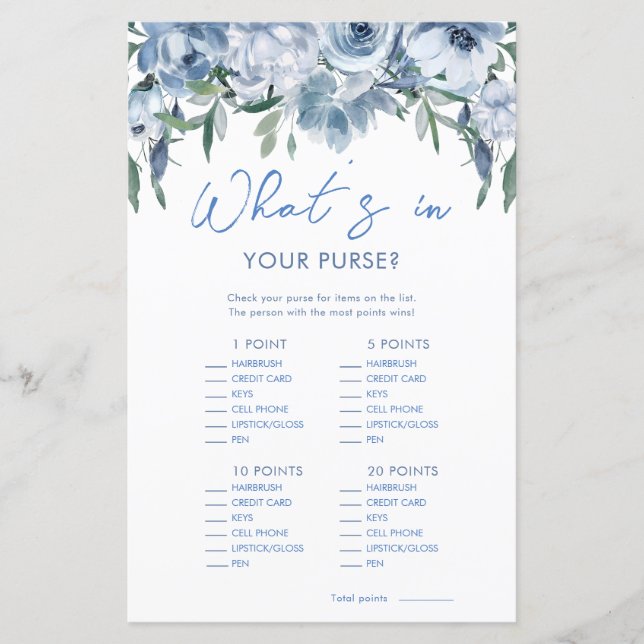 Dusty Blue What's in your Purse Möhippa Game (Framsida)