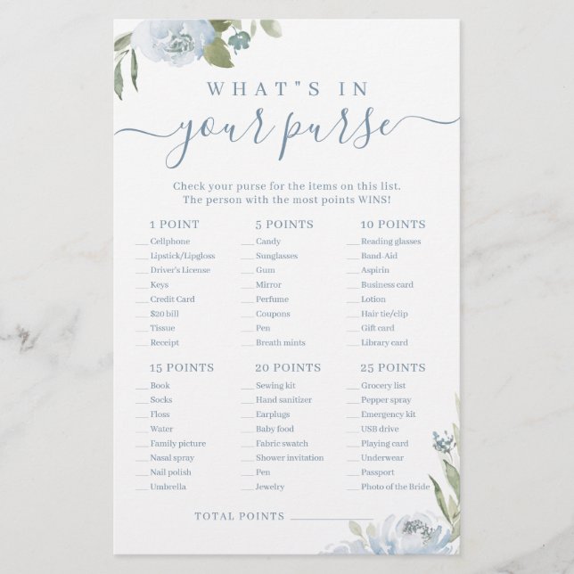 Dusty Blue What's in your purse möhippa match (Framsida)