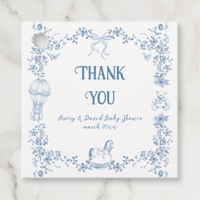 Dusty Blue Whimsical Blommigt Baby Shower Gåvor Etiketter (Framsida)