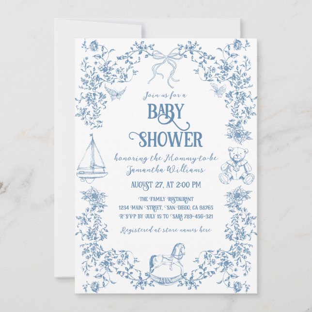 Dusty Blue Whimsical Blommigt Baby Shower Inbjudningar (Framsida)