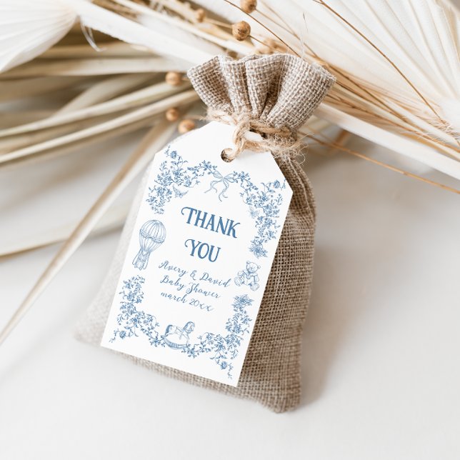 Dusty Blue Whimsical Blommigt Baby Shower Presentetikett (Skapare uppladdad)