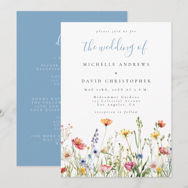 Dusty Blue Whimsical Floral All in One Wedding Inbjudningar (Fram/baksida)
