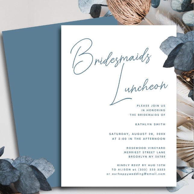 Dusty Blue Whimsical Script Bridesmaids Luncheon Inbjudningar (Skapare uppladdad)