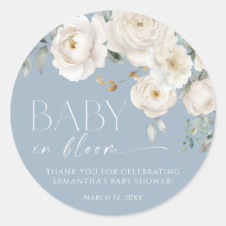 Dusty blue white blommigt baby i bloomskdusch runt klistermärke