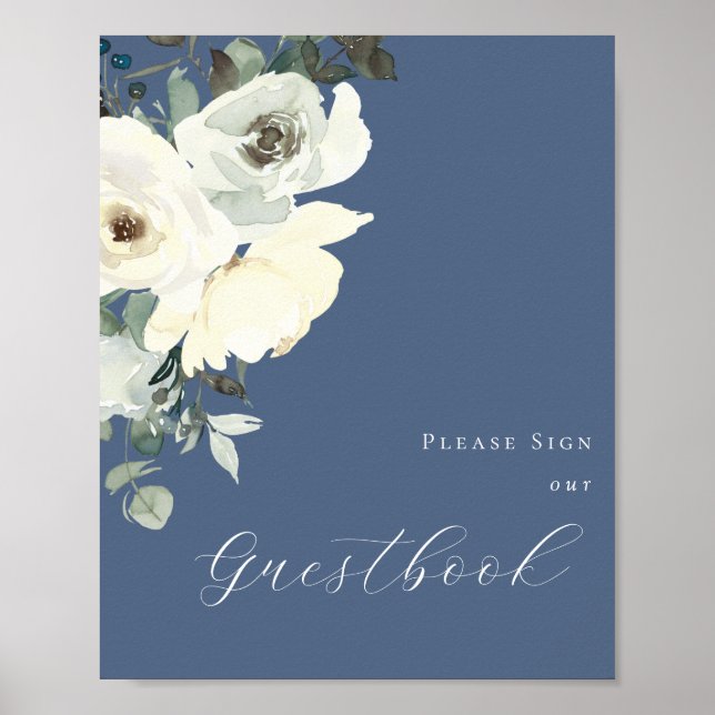 Dusty Blue & White-Blommigt - Blue Guestbook-tecke Poster (Framsidan)