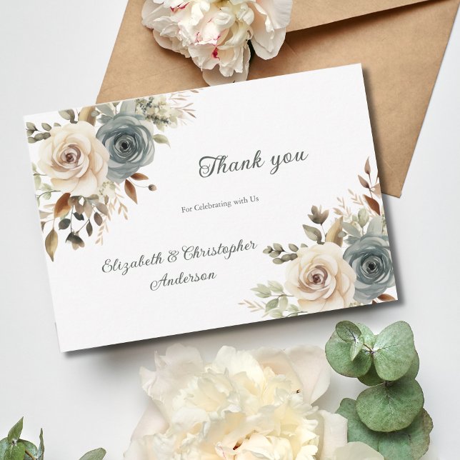 Dusty Blue White Blommigt Botanical Greenery Bröll Tack Kort (Dusty Blue White Beige Floral Botanical Wedding Thank you card)