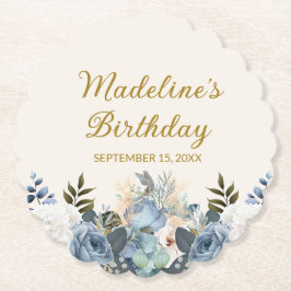 Dusty Blue White Blommigt Grattis på födelsedagen  Underlägg Papper