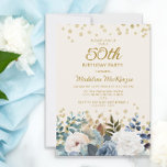 Dusty Blue White Blommigt Guld 50:e födelsedagen Inbjudningar<br><div class="desc">Elegant dammig blått och vit ros,  blommigt och grönare kvinnors 50:e födelsedagsfest inbjudan med guld glitter. Inbjudan skrivs ut på båda sidor. Kontakta mig om du behöver hjälp med dina anpassningar eller om du vill be om ytterligare matchning eller samordning av Zazzle-produkter för party.</div>