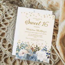 Dusty Blue White Blommigt Guld Glitter Sweet 16 Inbjudningar