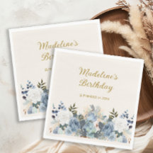 Dusty Blue White Blommigt Guld Grattis på födelsed