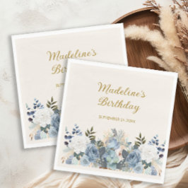 Dusty Blue White Blommigt Guld Grattis på födelsed Pappersservett