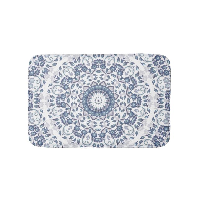 Dusty Blue White Blommigt Mandala Badrumsmatta (Framsidan)